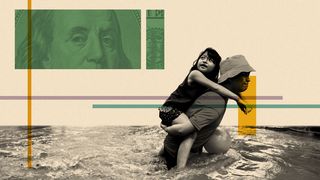 Photo illustration of a person carrying a child through water with a hundred dollar bill above